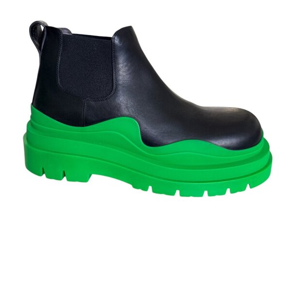 Bottega Veneta Military Calf Black Leather Green Tire Ankle Boot 630281, sz 42.5